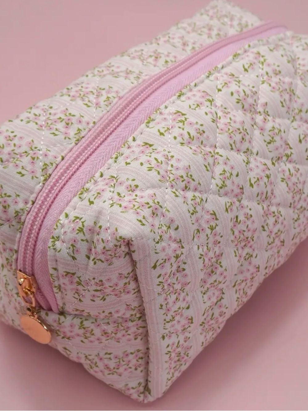 Quilted Pink Floral Cosmetic Pouch